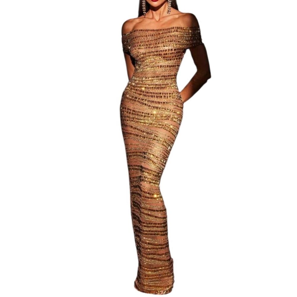 NWT Mew Mews Eryx Off Shoulder Rhinestone Mesh Maxi Dress Sz XL